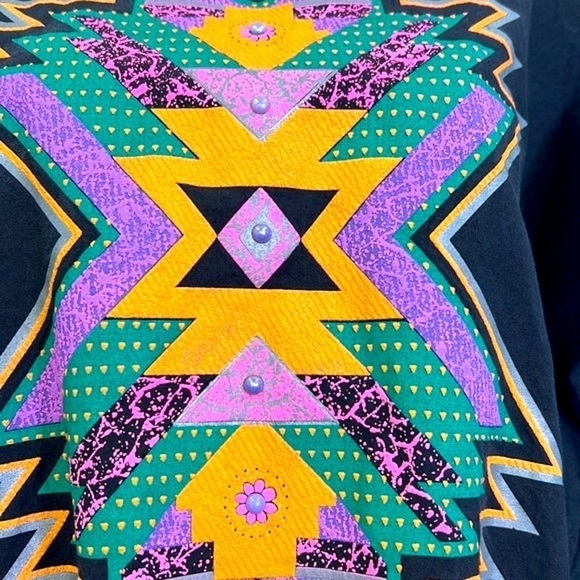 Hazelwood Southwest Fashion - Vintage 80s Black Aztec Fringe Sweatshirt Small - Picture 4 of 12